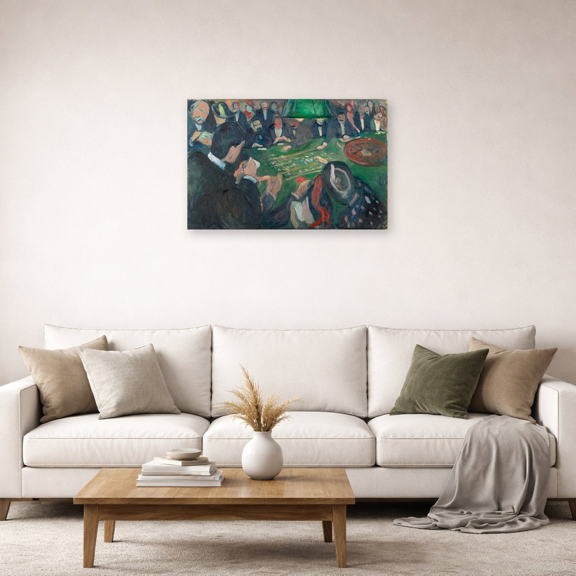Unframed poster print of Edvard Munch's At the Roulette Table in Monte Carlo displayed on a wall in a living room