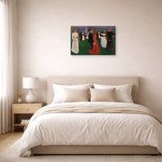 Gallery-wrapped canvas print of Edvard Munch's Dance of Life displayed on a wall in a bedroom