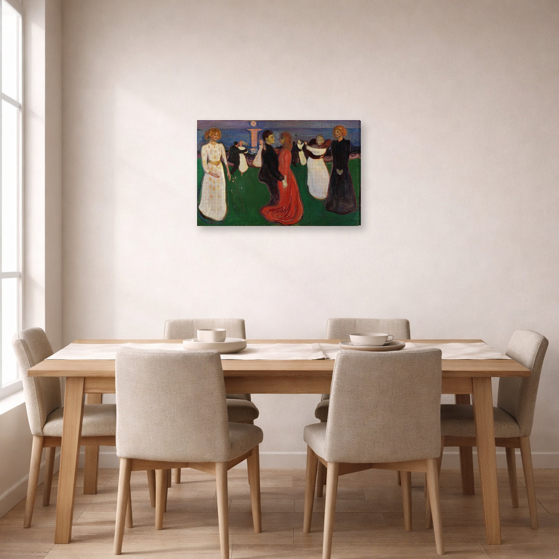 Gallery-wrapped canvas print of Edvard Munch's Dance of Life displayed on a wall in a dining room