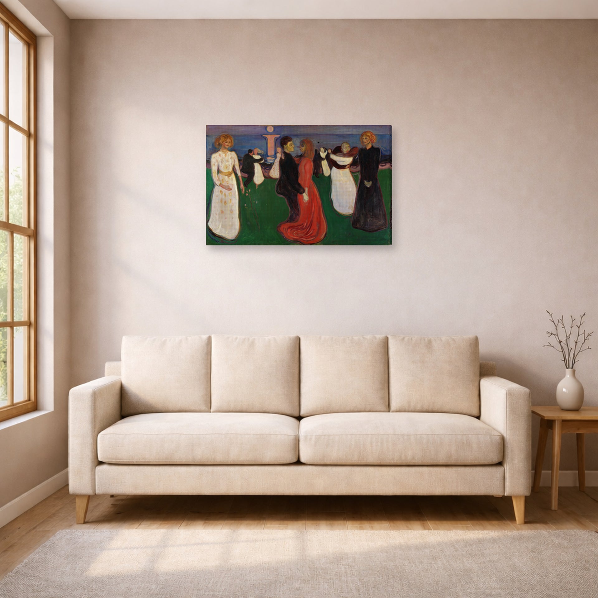 Gallery-wrapped canvas print of Edvard Munch's Dance of Life displayed on a wall in a living room