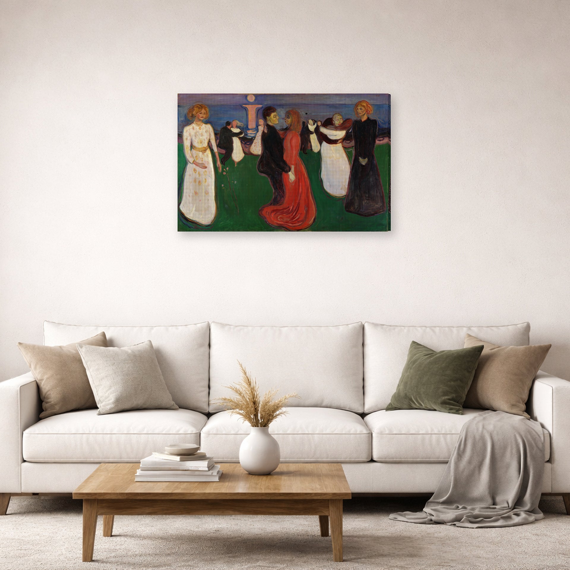 Gallery-wrapped canvas print of Edvard Munch's Dance of Life displayed on a wall in a living room
