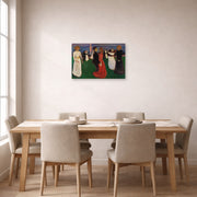 Unframed poster print of Edvard Munch's Dance of Life displayed on a wall in a dining room