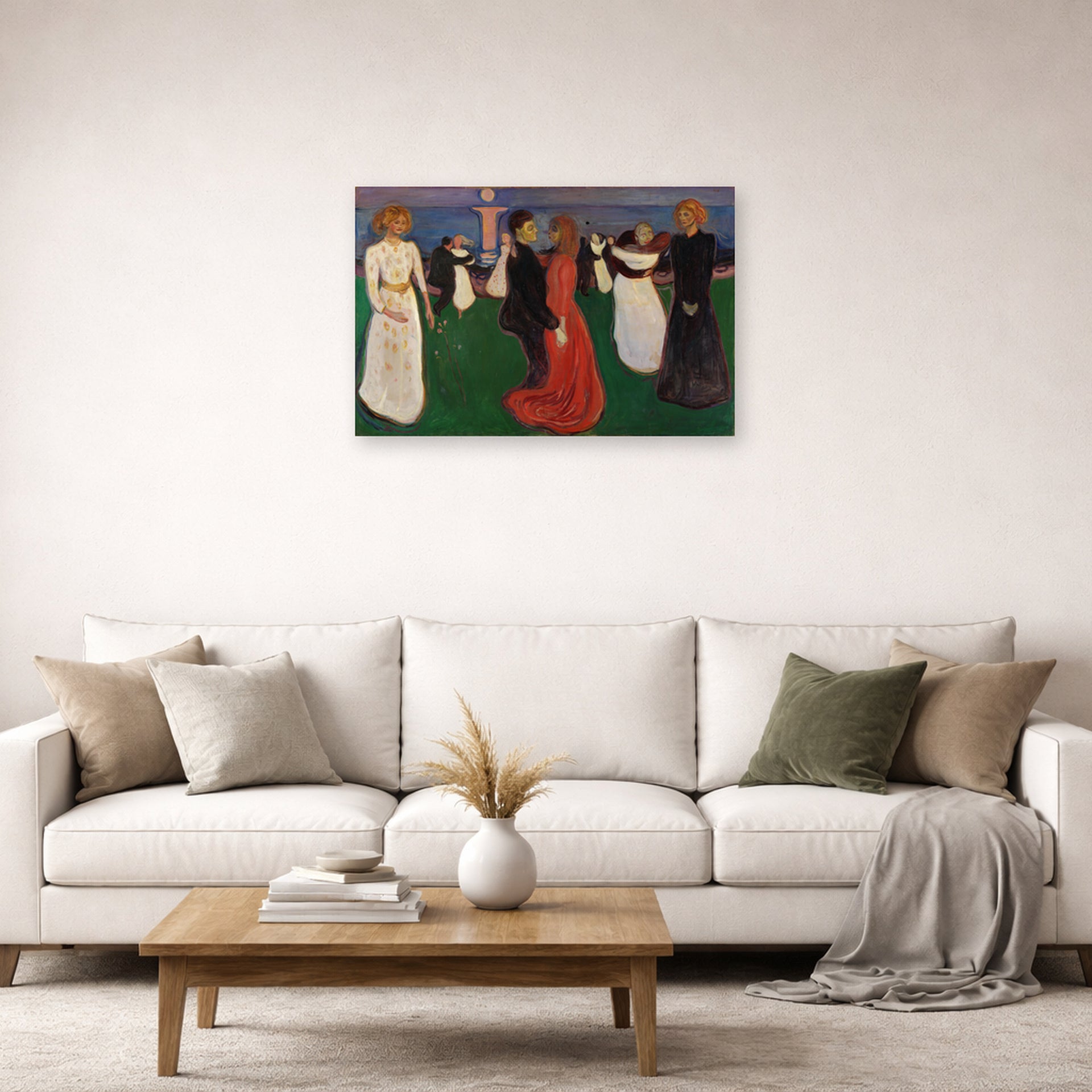 Unframed poster print of Edvard Munch's Dance of Life displayed on a wall in a living room