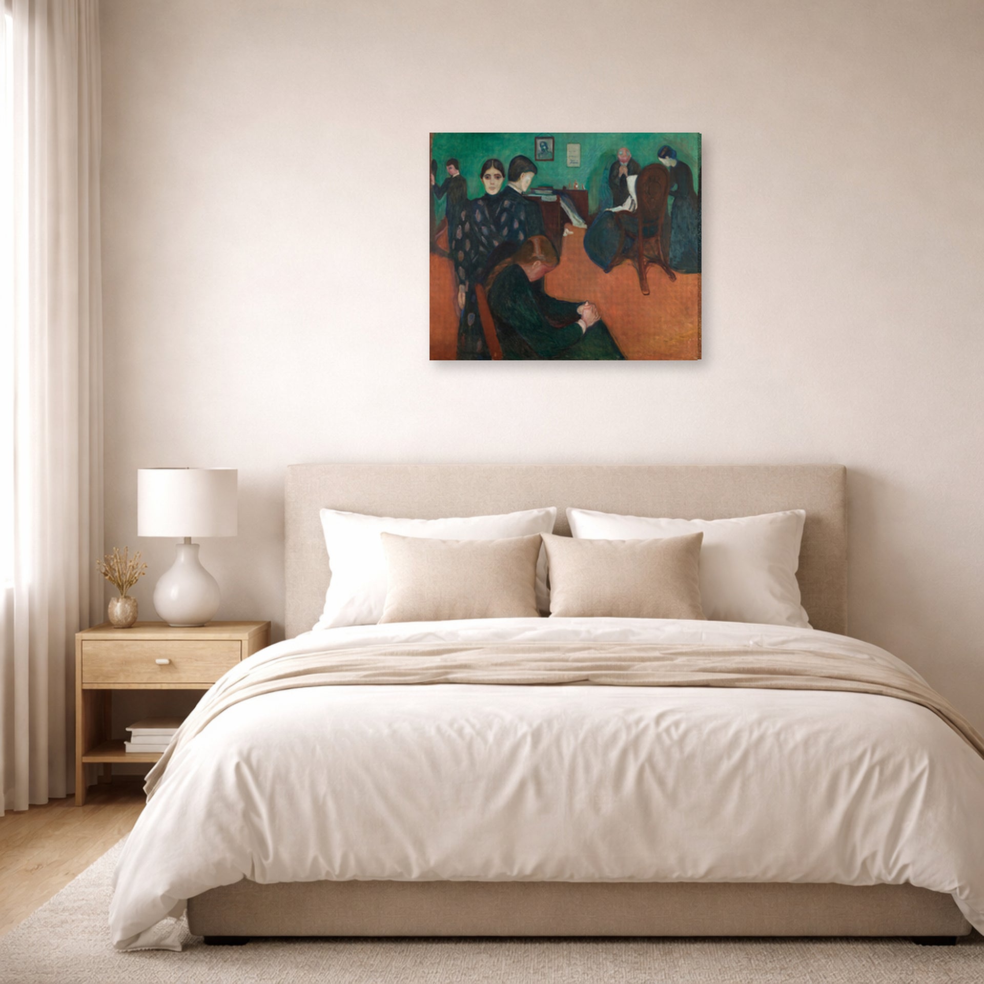 Gallery-wrapped canvas print of Edvard Munch's Death in the Sickroom displayed on a wall in a bedroom