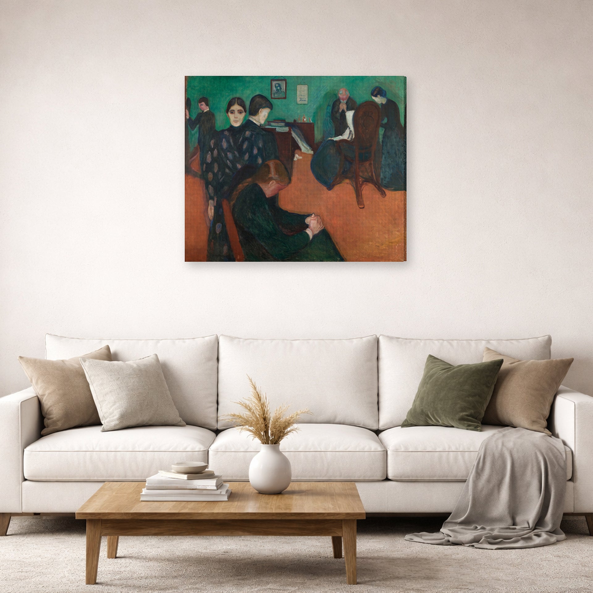 Gallery-wrapped canvas print of Edvard Munch's Death in the Sickroom displayed on a wall in a living room