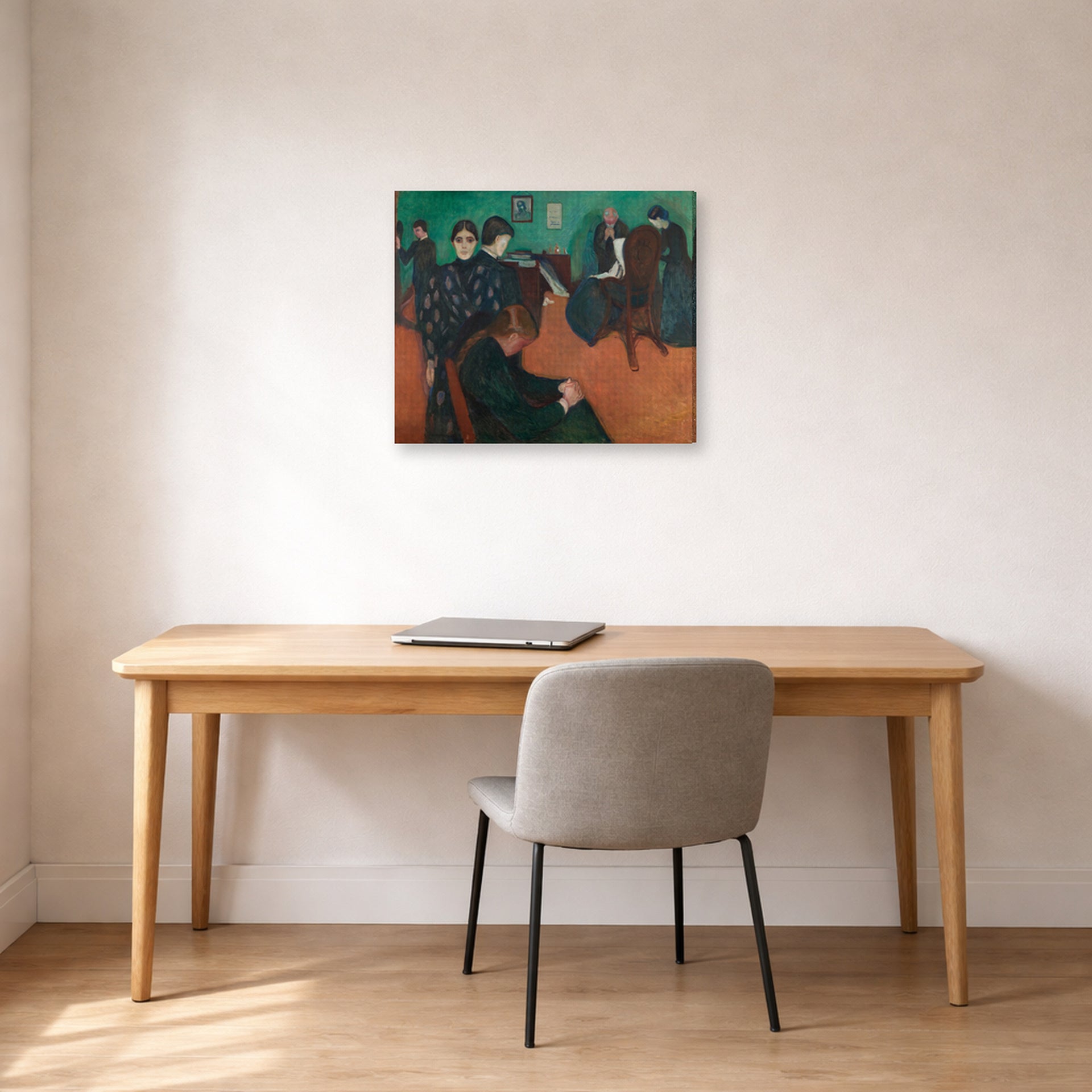 Gallery-wrapped canvas print of Edvard Munch's Death in the Sickroom displayed on a wall in a home office