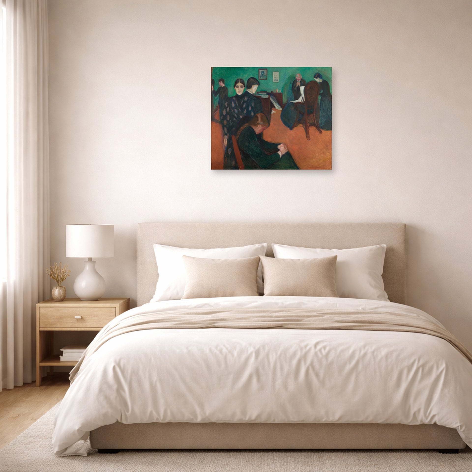 Unframed poster print of Edvard Munch's Death in the Sickroom displayed on a wall in a bedroom