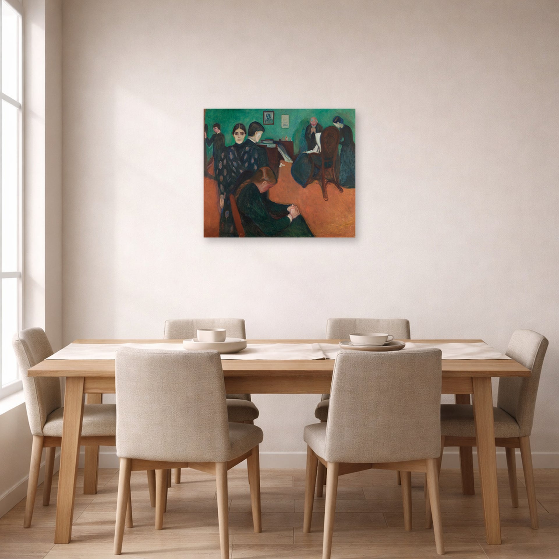 Unframed poster print of Edvard Munch's Death in the Sickroom displayed on a wall in a dining room