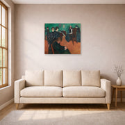 Unframed poster print of Edvard Munch's Death in the Sickroom displayed on a wall in a living room