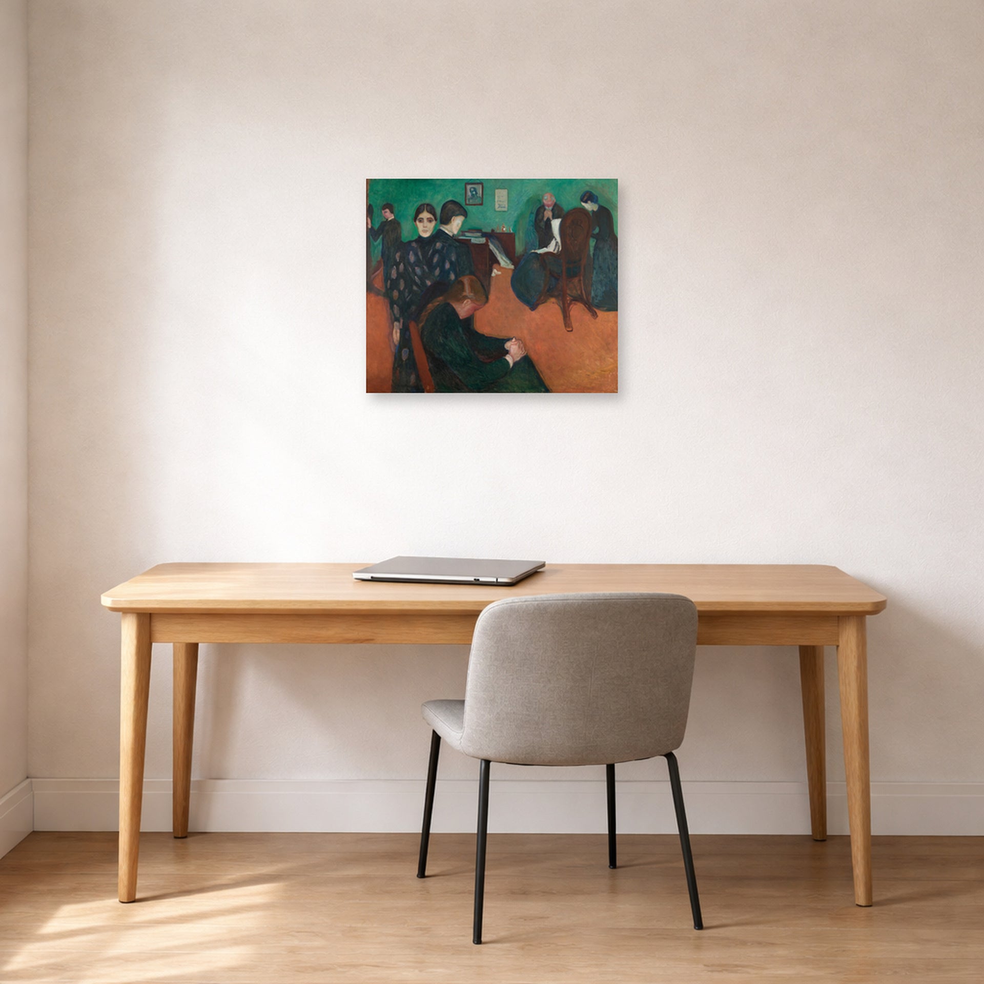 Unframed poster print of Edvard Munch's Death in the Sickroom displayed on a wall in a home office