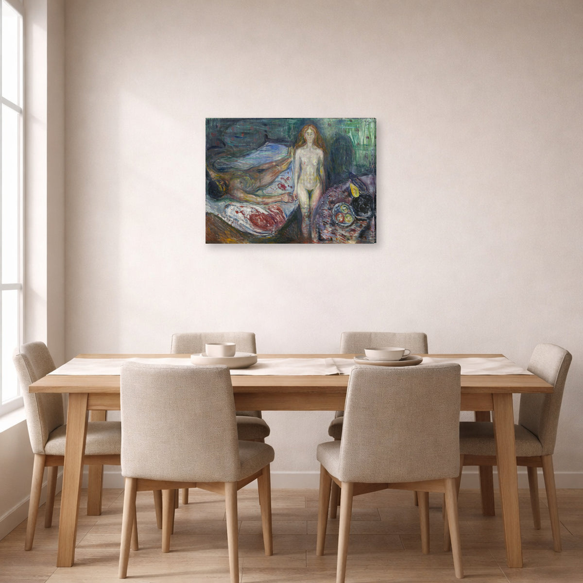 Gallery-wrapped canvas print of Edvard Munch's Death of Marat displayed on a wall in a dining room