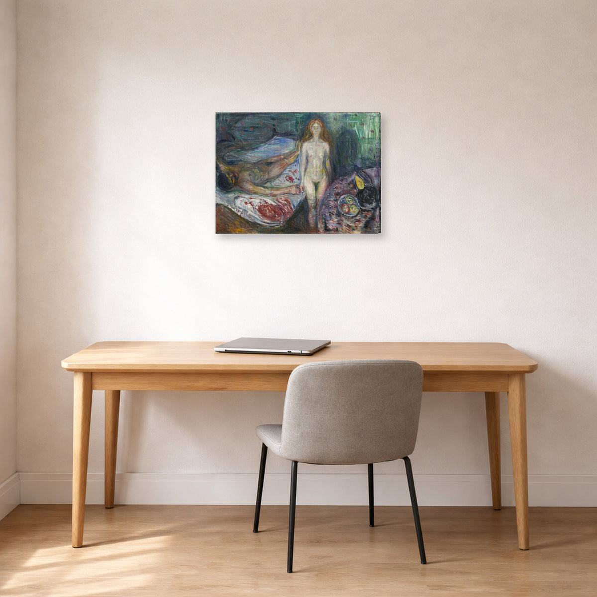 Gallery-wrapped canvas print of Edvard Munch's Death of Marat displayed on a wall in a home office