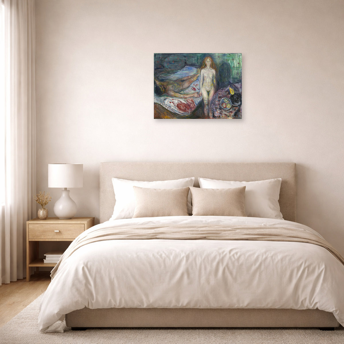 Unframed poster print of Edvard Munch's Death of Marat displayed on a wall in a bedroom