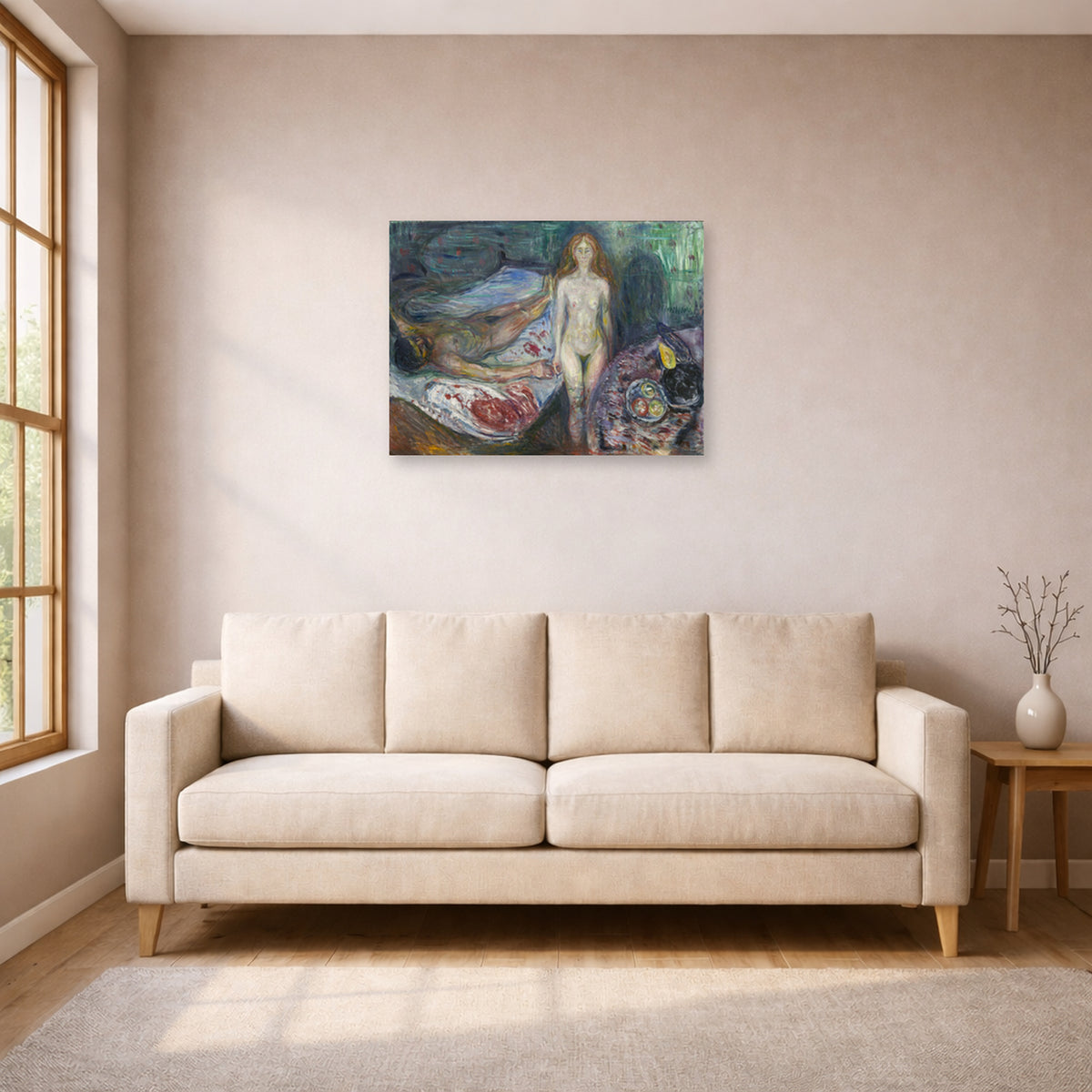 Unframed poster print of Edvard Munch's Death of Marat displayed on a wall in a living room