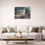 Unframed poster print of Edvard Munch's Death of Marat displayed on a wall in a living room