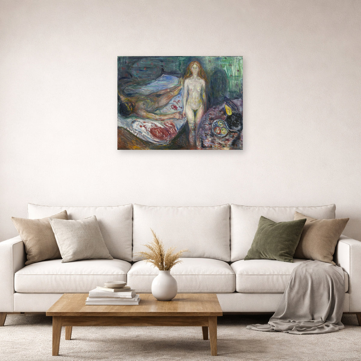 Unframed poster print of Edvard Munch's Death of Marat displayed on a wall in a living room