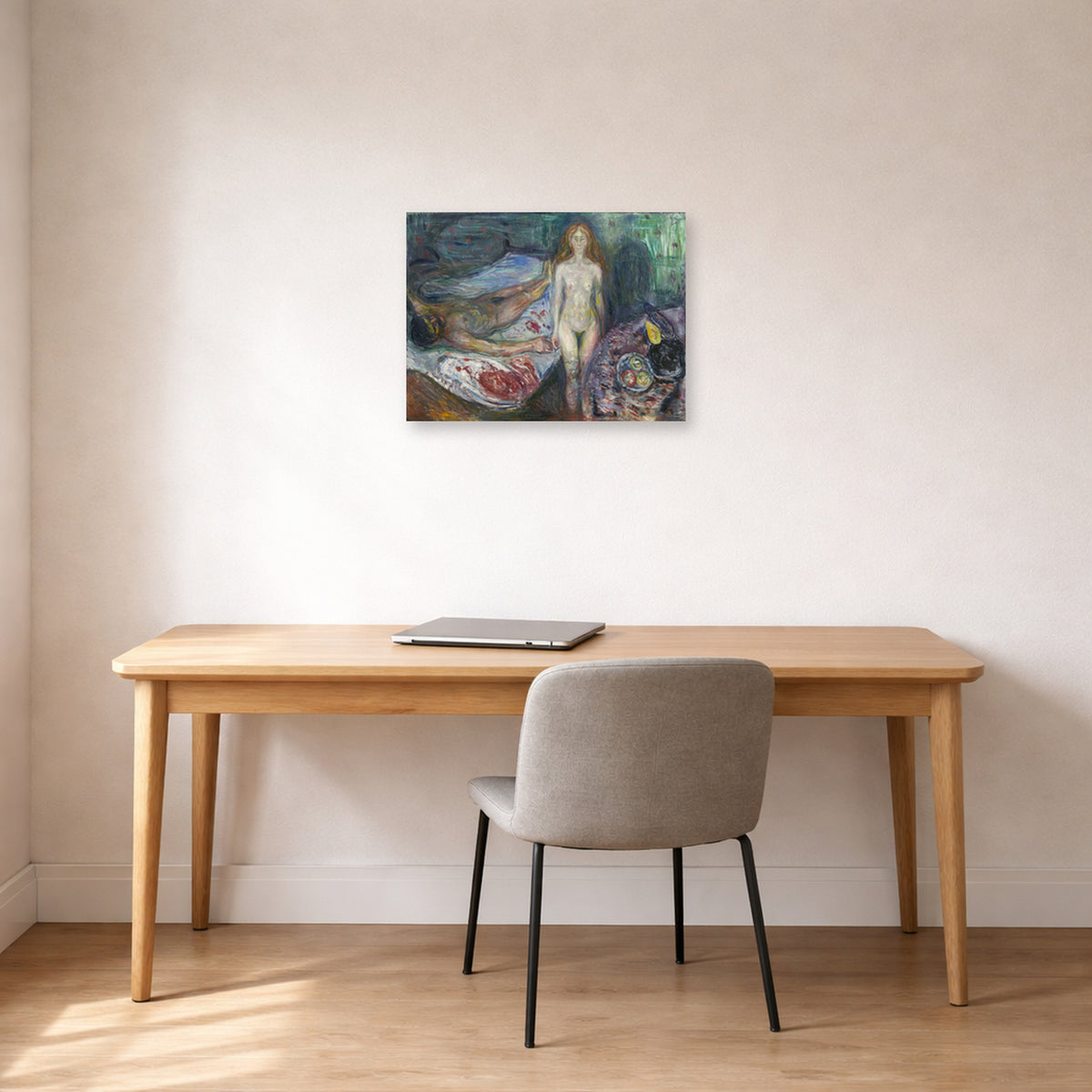 Unframed poster print of Edvard Munch's Death of Marat displayed on a wall in a home office