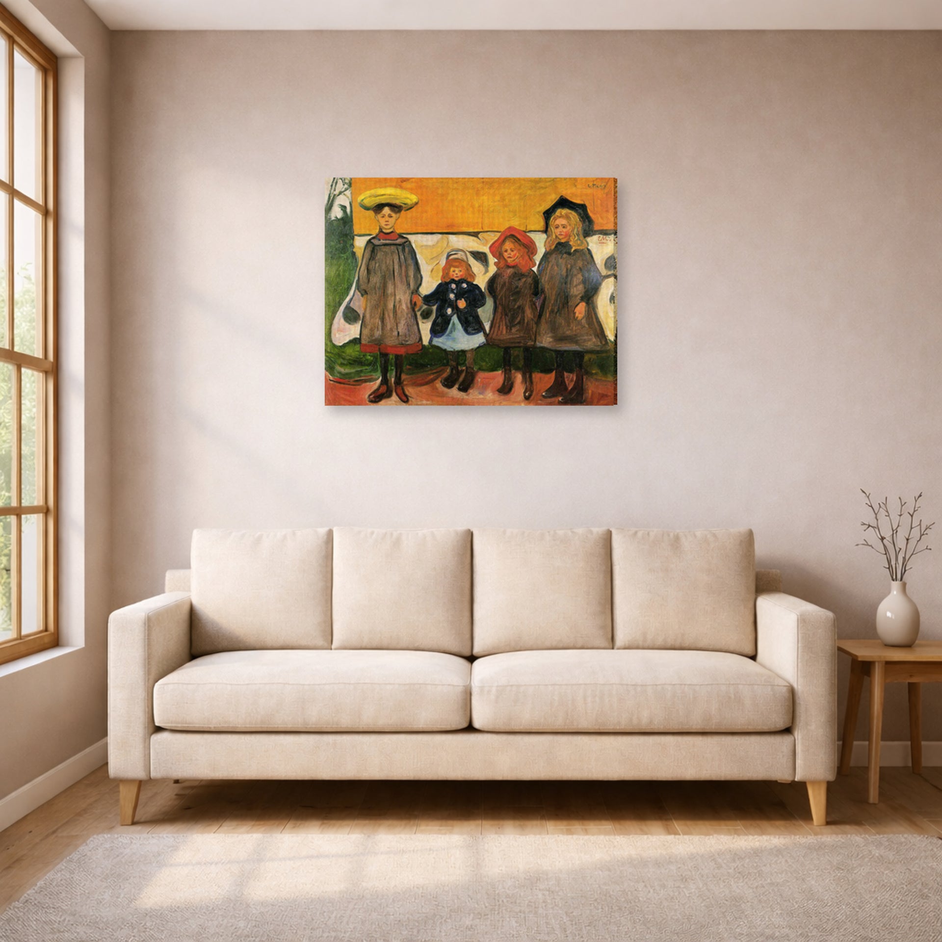 Gallery-wrapped canvas print of Edvard Munch's Four Girls In Asgardstrand displayed on a wall in a living room