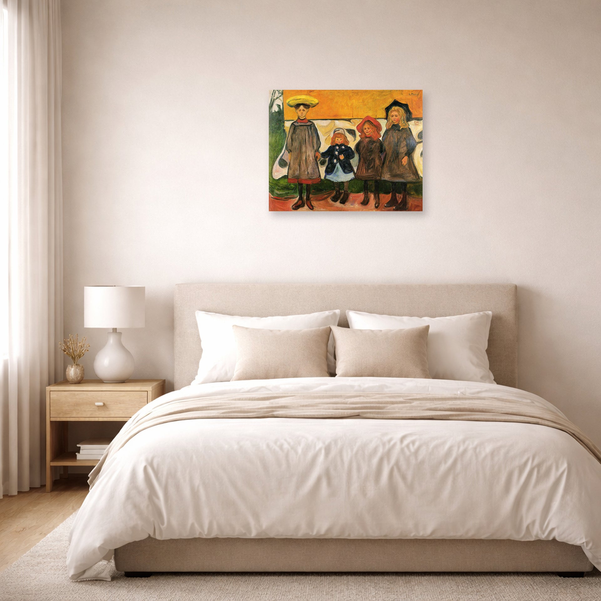 Unframed poster print of Edvard Munch's Four Girls In Asgardstrand displayed on a wall in a bedroom