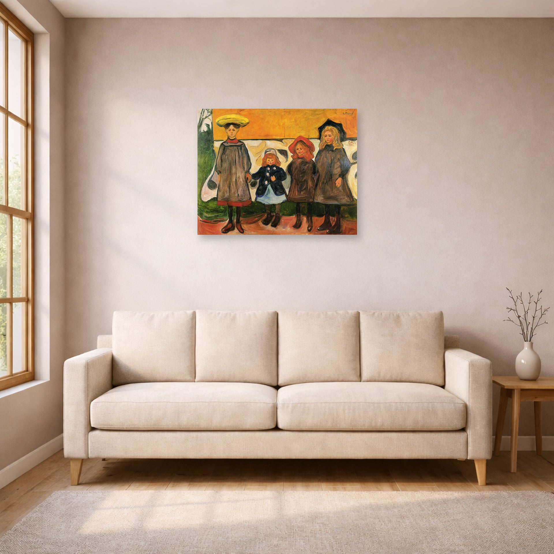 Unframed poster print of Edvard Munch's Four Girls In Asgardstrand displayed on a wall in a living room