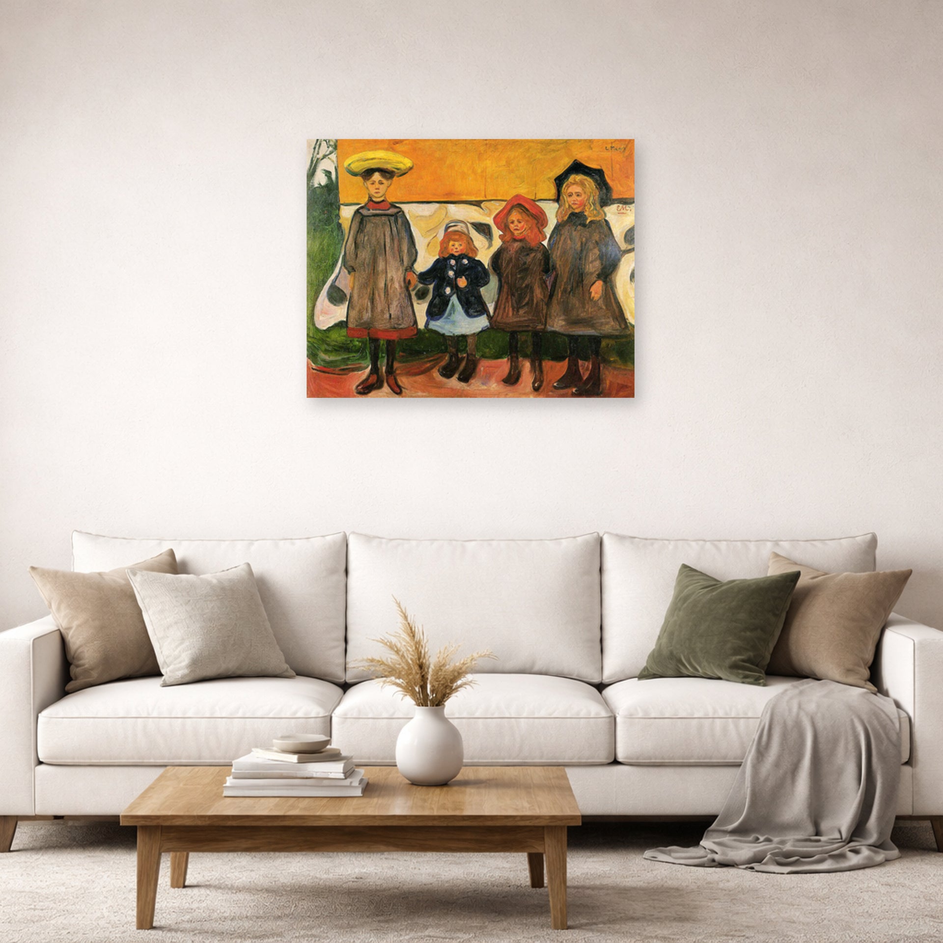 Unframed poster print of Edvard Munch's Four Girls In Asgardstrand displayed on a wall in a living room