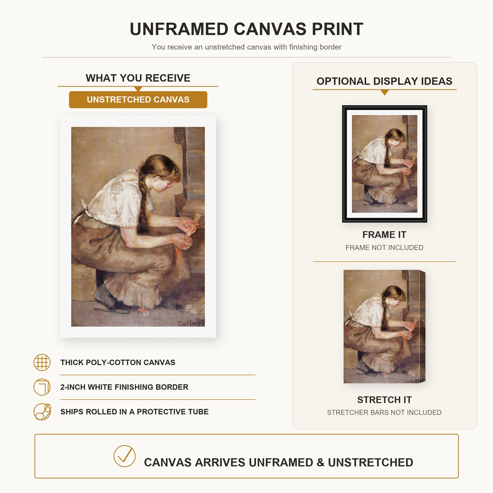 Edvard Munch - Girl Kindling a Stove canvas print size comparison and framing display infographic