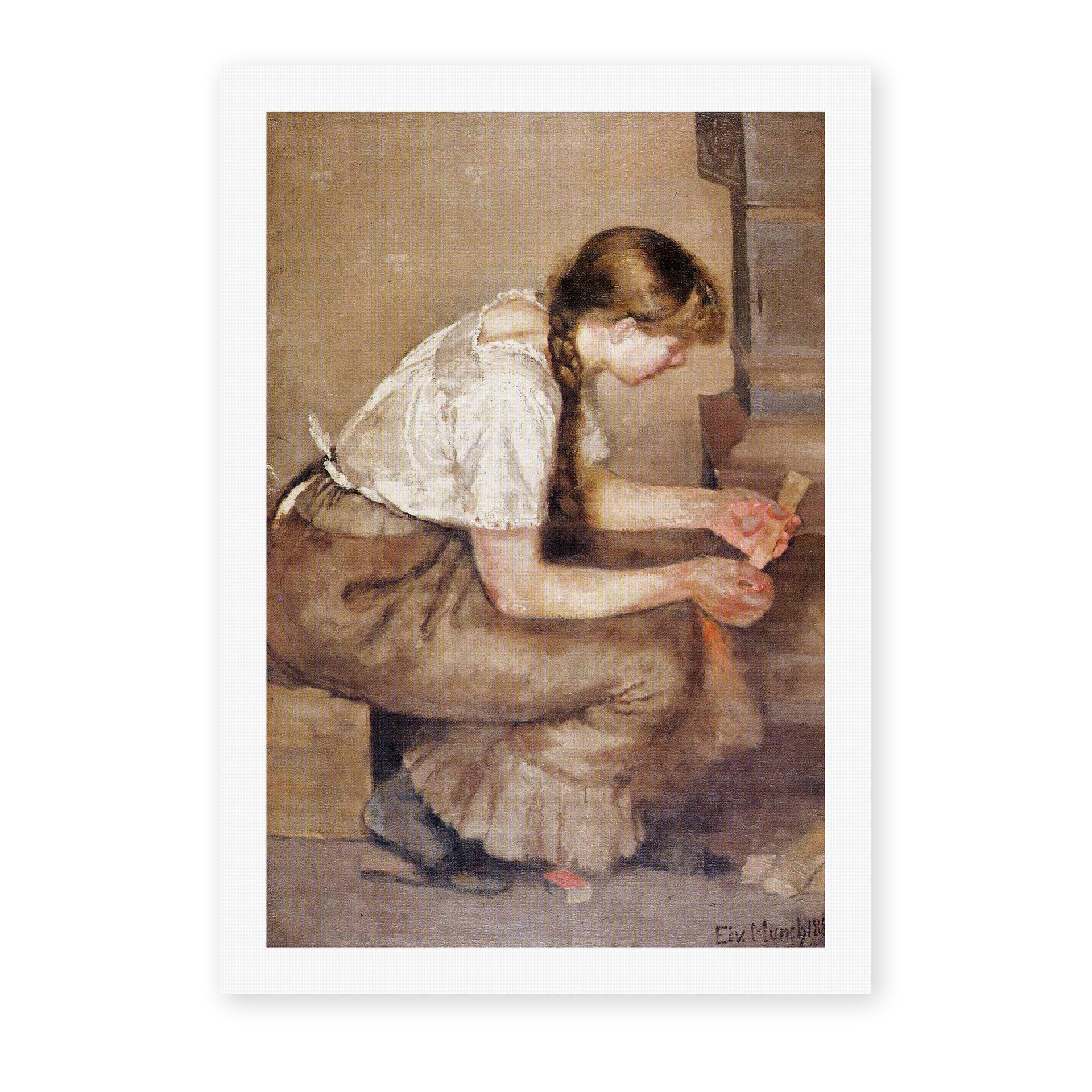 Edvard Munch's 'Girl Kindling a Stove' painting reproduced as a rolled canvas print