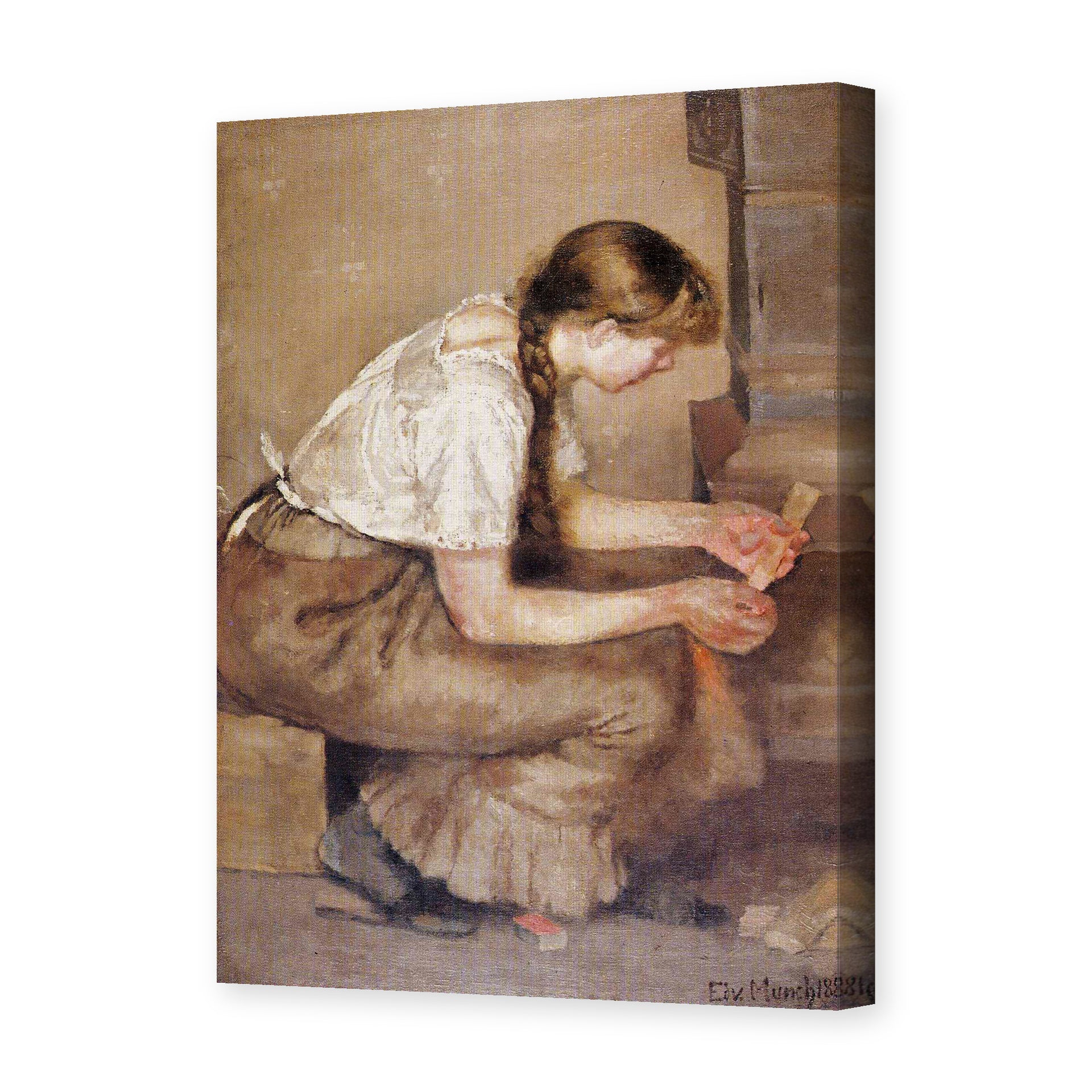 Edvard Munch's 'Girl Kindling a Stove' painting reproduced as a gallery-wrapped canvas print