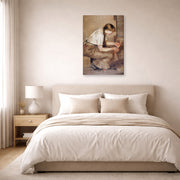 Gallery-wrapped canvas print of Edvard Munch's Girl Kindling a Stove displayed on a wall in a bedroom