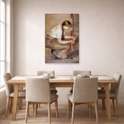 Gallery-wrapped canvas print of Edvard Munch's Girl Kindling a Stove displayed on a wall in a dining room