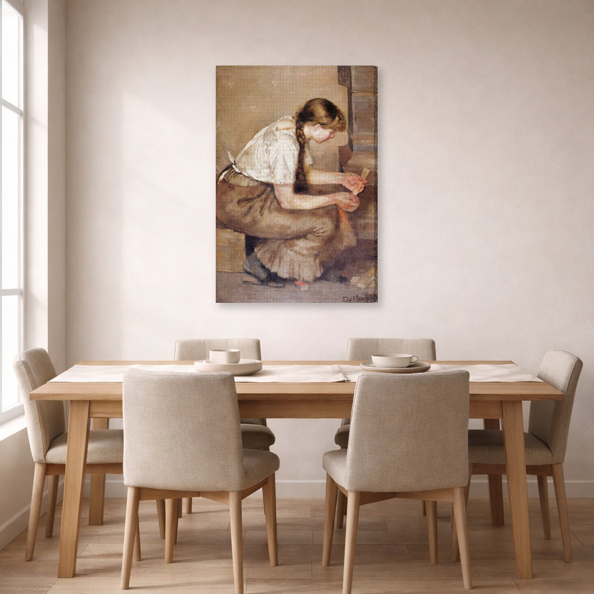 Gallery-wrapped canvas print of Edvard Munch's Girl Kindling a Stove displayed on a wall in a dining room