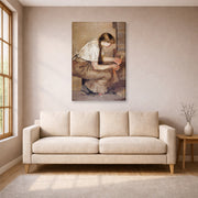 Gallery-wrapped canvas print of Edvard Munch's Girl Kindling a Stove displayed on a wall in a living room