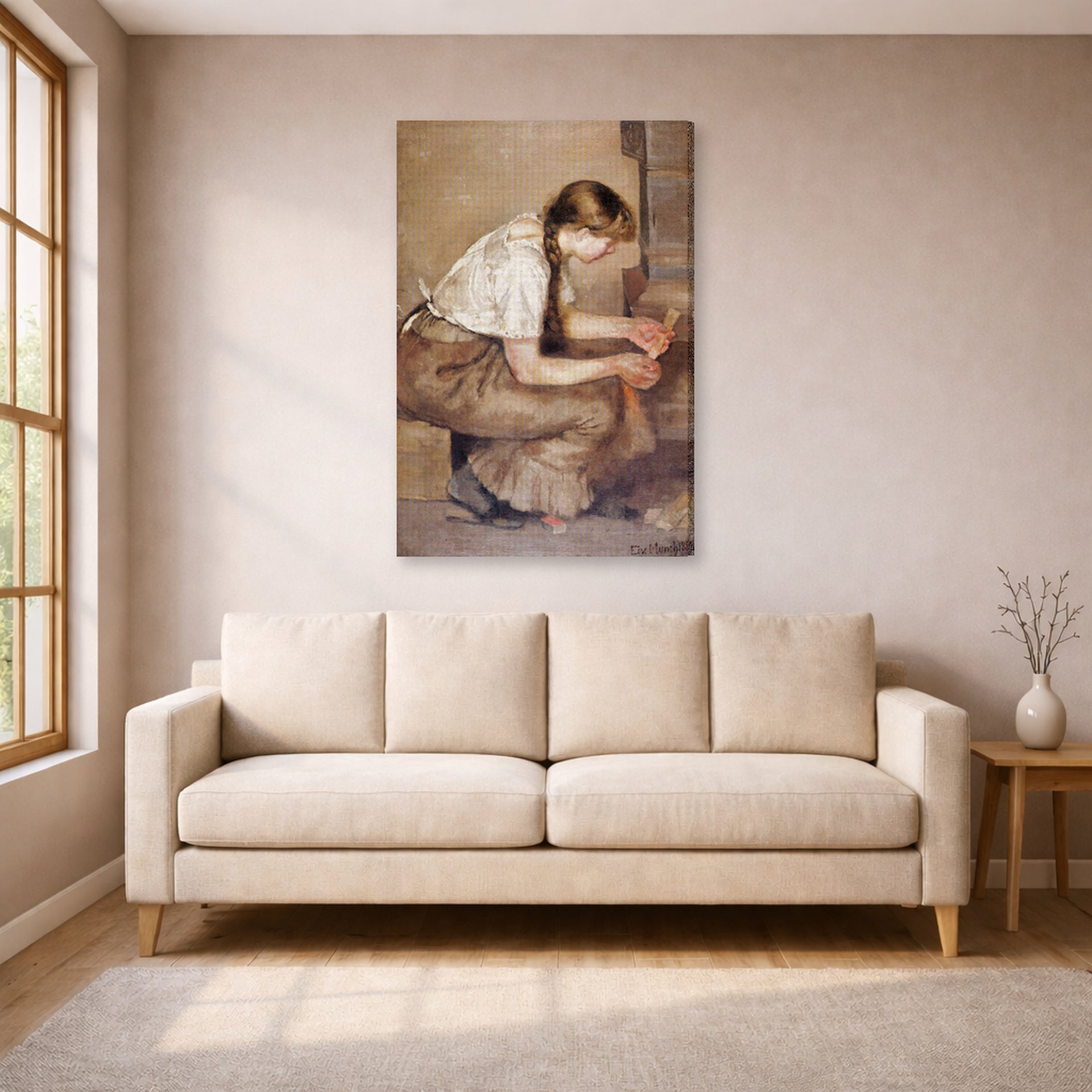 Gallery-wrapped canvas print of Edvard Munch's Girl Kindling a Stove displayed on a wall in a living room