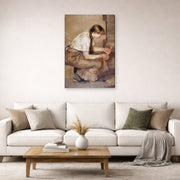 Gallery-wrapped canvas print of Edvard Munch's Girl Kindling a Stove displayed on a wall in a living room