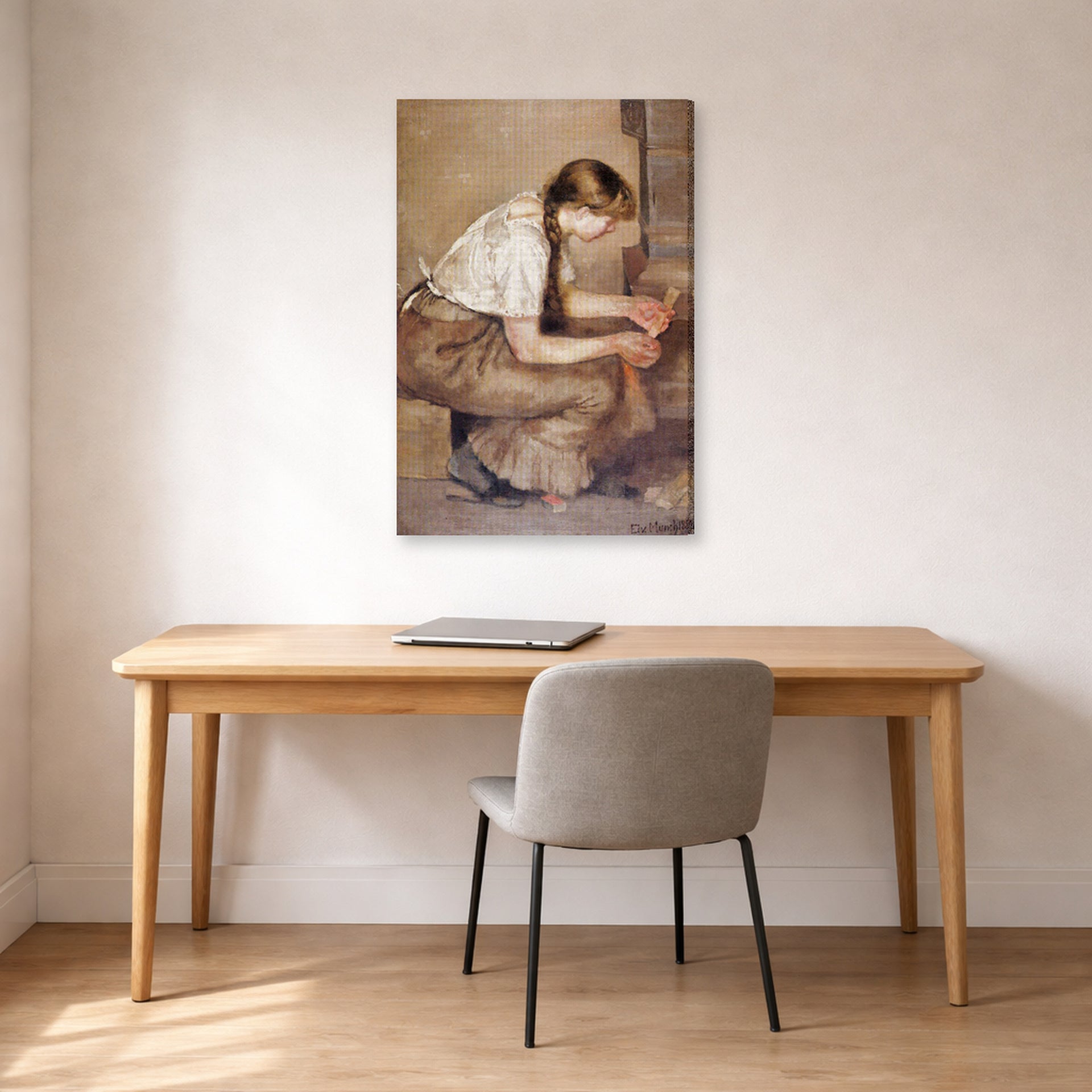 Gallery-wrapped canvas print of Edvard Munch's Girl Kindling a Stove displayed on a wall in a home office