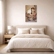 Unframed poster print of Edvard Munch's Girl Kindling a Stove displayed on a wall in a bedroom