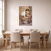 Unframed poster print of Edvard Munch's Girl Kindling a Stove displayed on a wall in a dining room