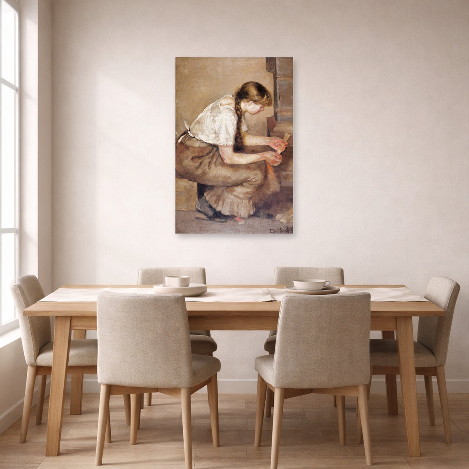 Unframed poster print of Edvard Munch's Girl Kindling a Stove displayed on a wall in a dining room