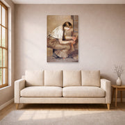 Unframed poster print of Edvard Munch's Girl Kindling a Stove displayed on a wall in a living room
