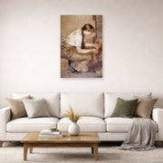 Unframed poster print of Edvard Munch's Girl Kindling a Stove displayed on a wall in a living room