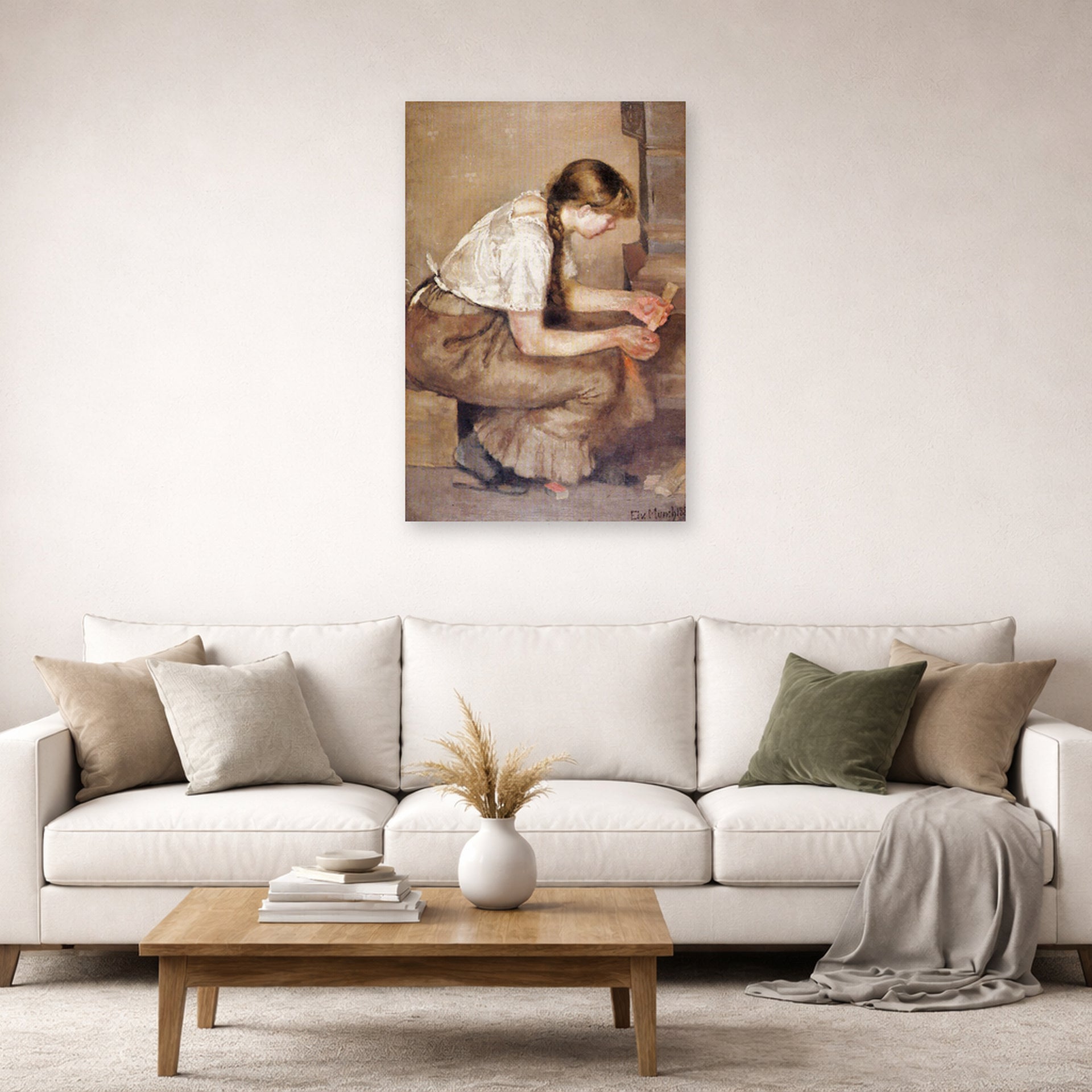 Unframed poster print of Edvard Munch's Girl Kindling a Stove displayed on a wall in a living room