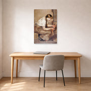 Unframed poster print of Edvard Munch's Girl Kindling a Stove displayed on a wall in a home office