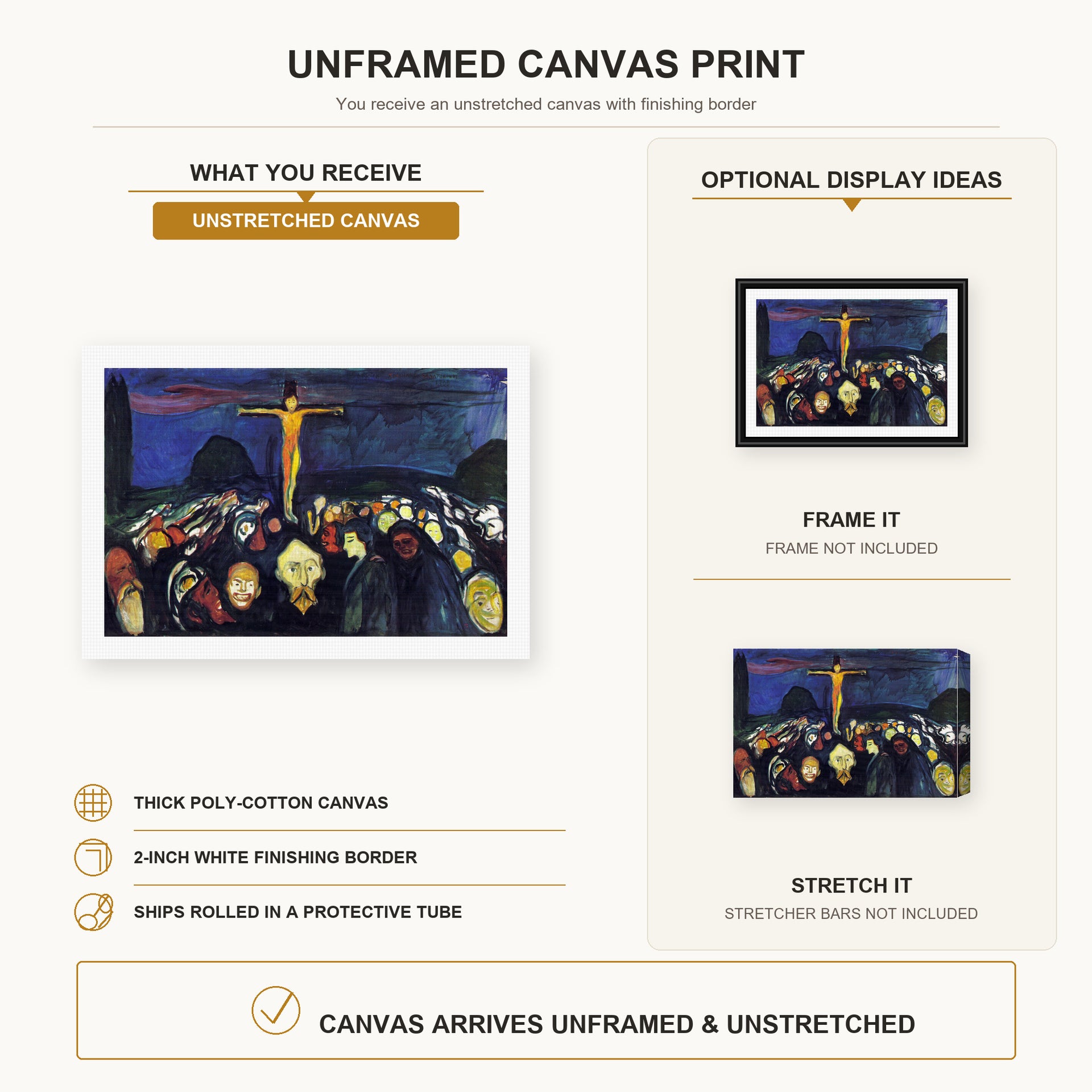 Edvard Munch - Golgotha canvas print size comparison and framing display infographic