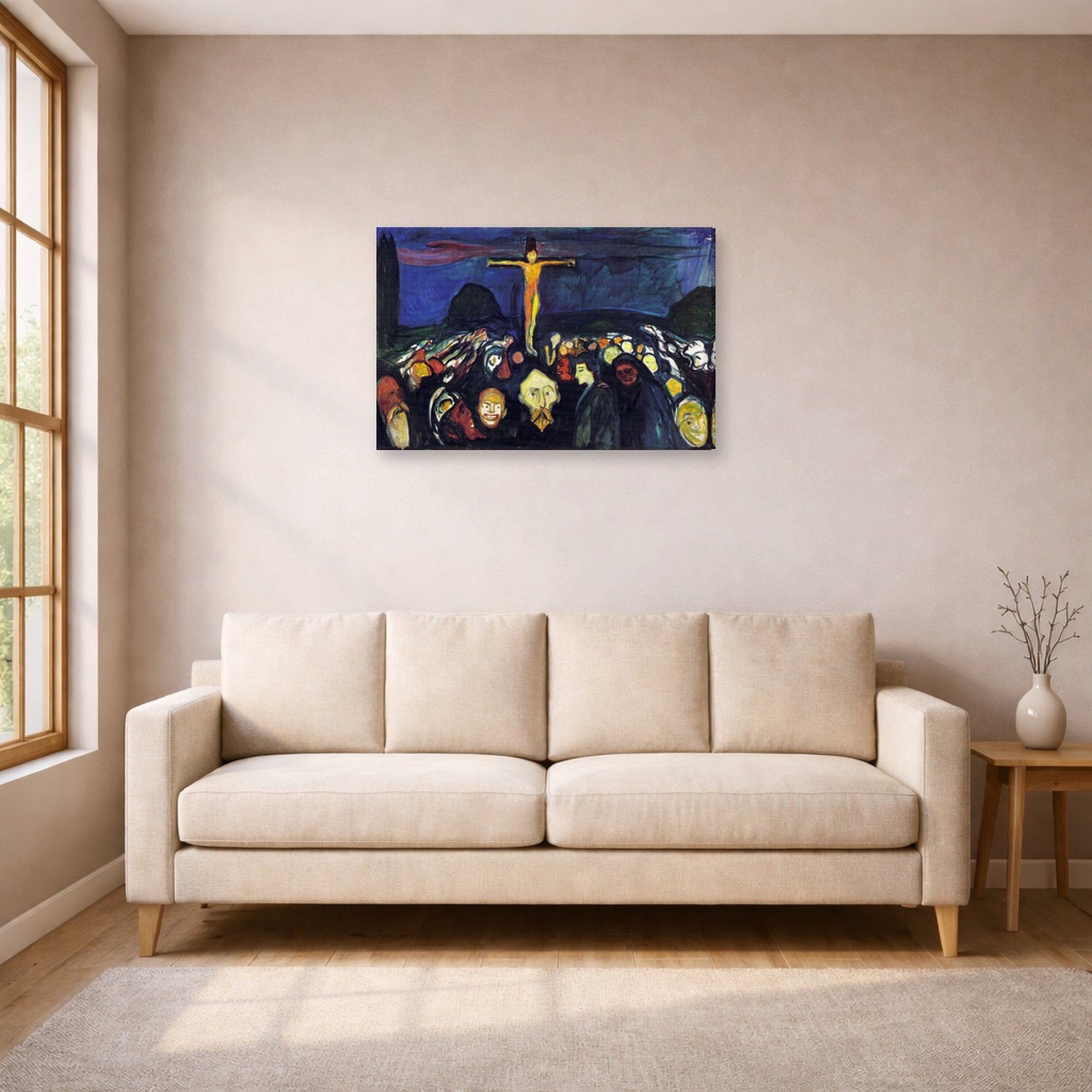 Gallery-wrapped canvas print of Edvard Munch's Golgotha displayed on a wall in a living room