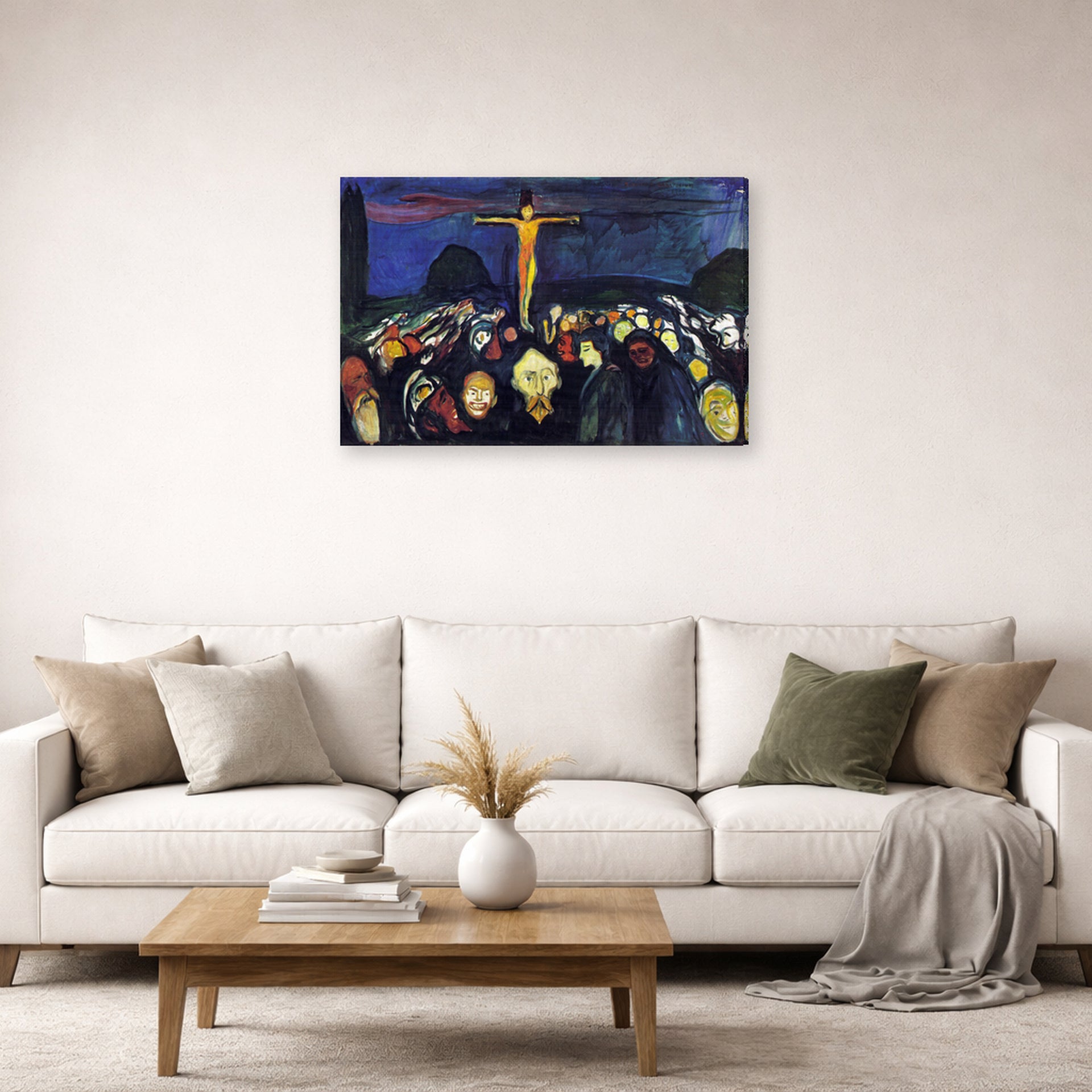 Gallery-wrapped canvas print of Edvard Munch's Golgotha displayed on a wall in a living room