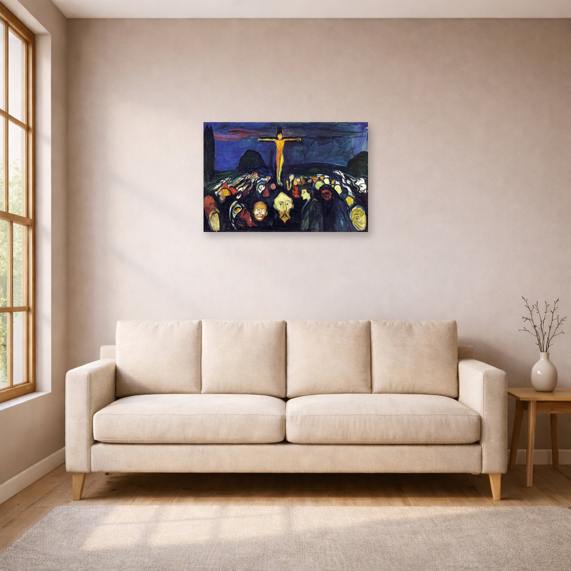 Unframed poster print of Edvard Munch's Golgotha displayed on a wall in a living room