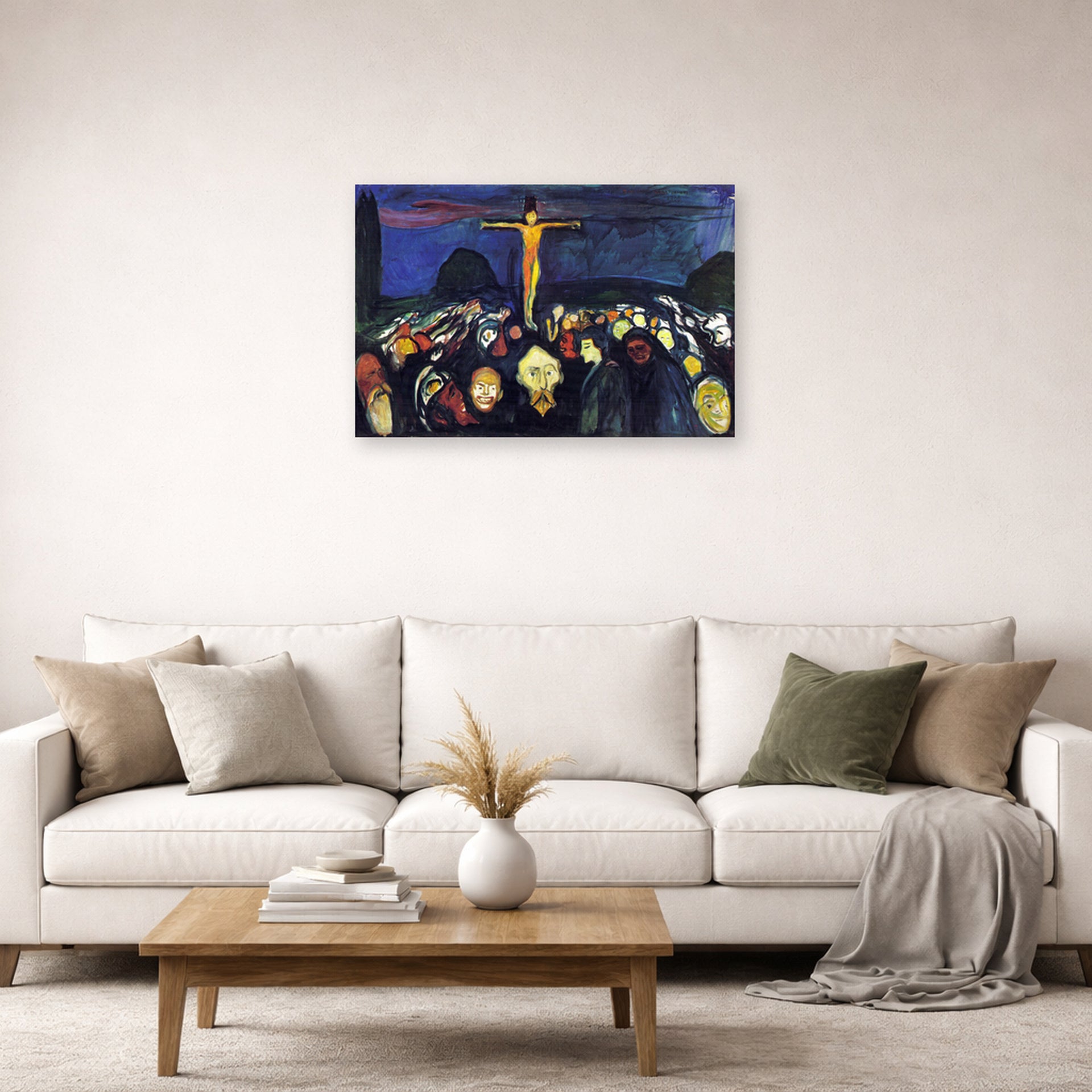 Unframed poster print of Edvard Munch's Golgotha displayed on a wall in a living room