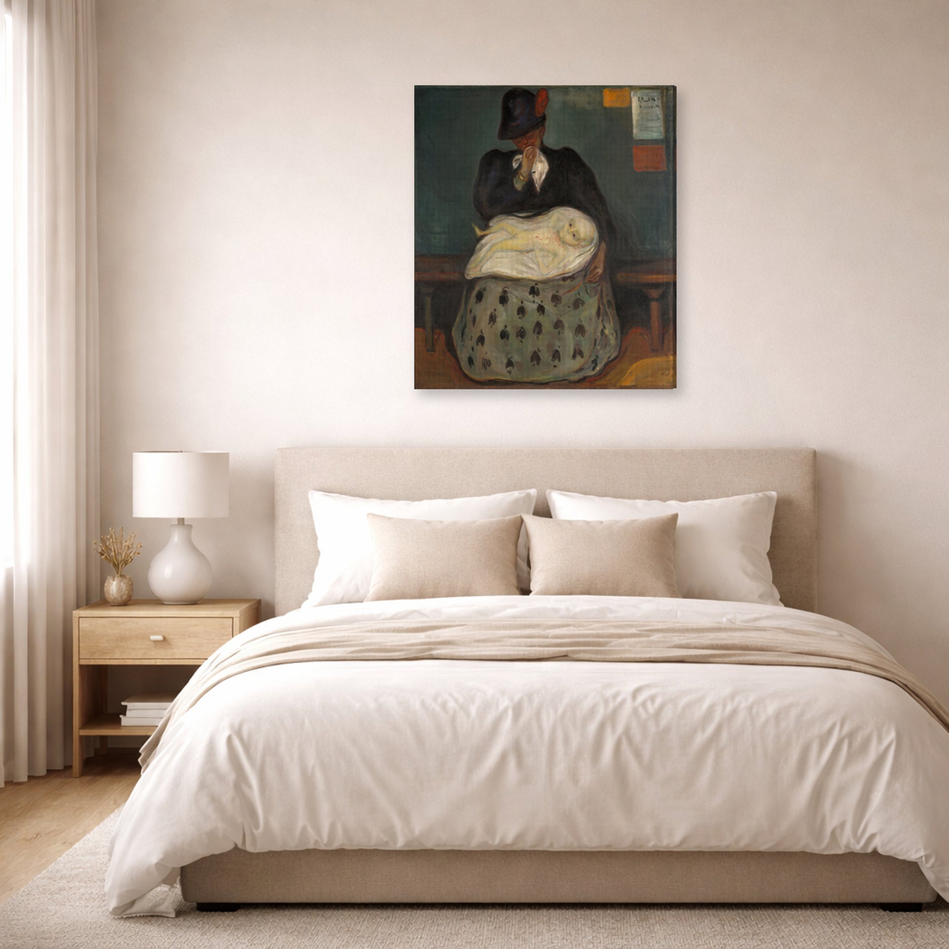 Gallery-wrapped canvas print of Edvard Munch's Inheritance displayed on a wall in a bedroom