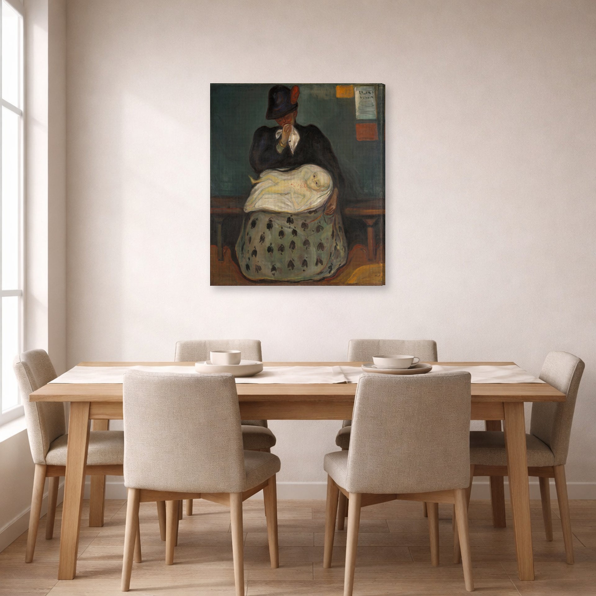 Gallery-wrapped canvas print of Edvard Munch's Inheritance displayed on a wall in a dining room
