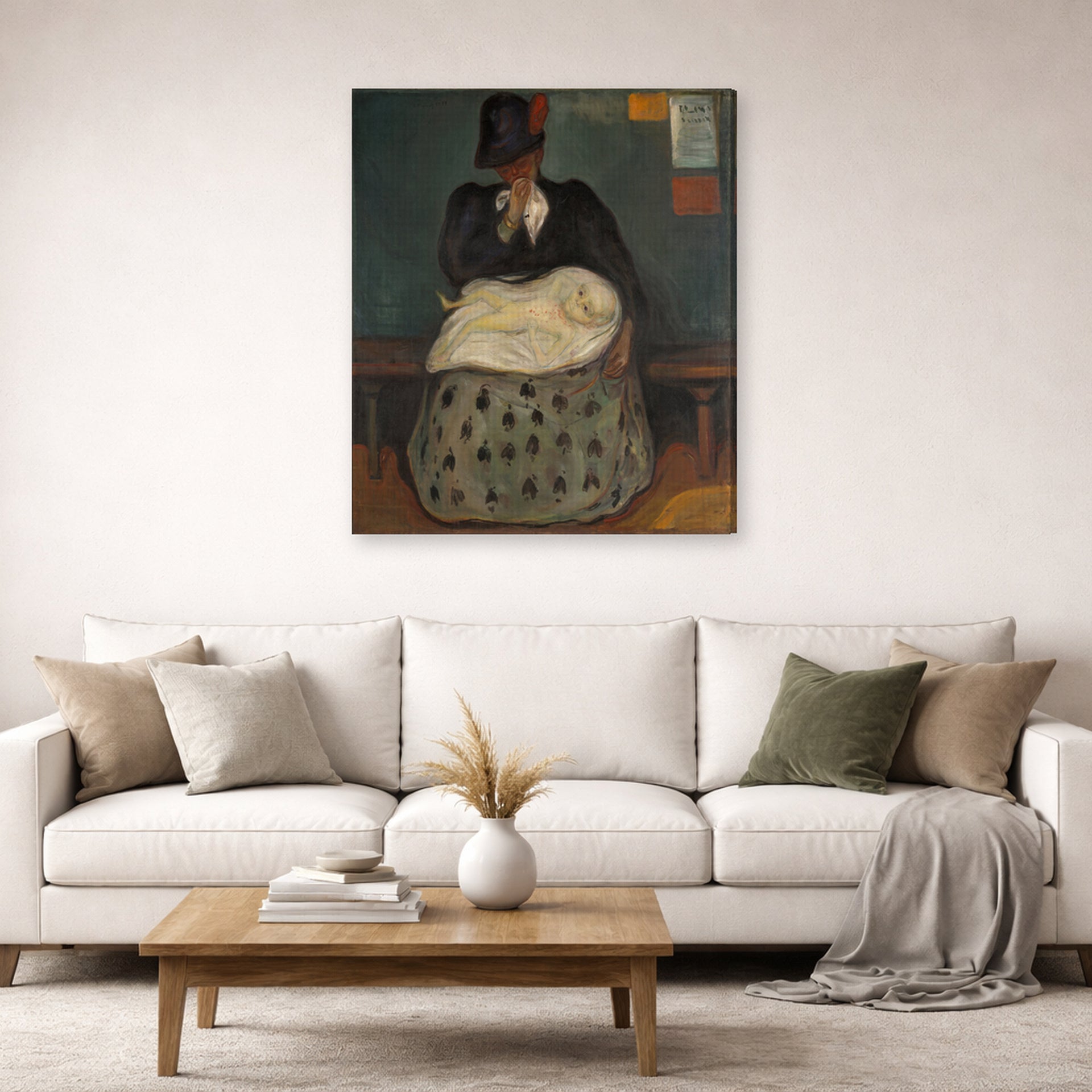 Gallery-wrapped canvas print of Edvard Munch's Inheritance displayed on a wall in a living room